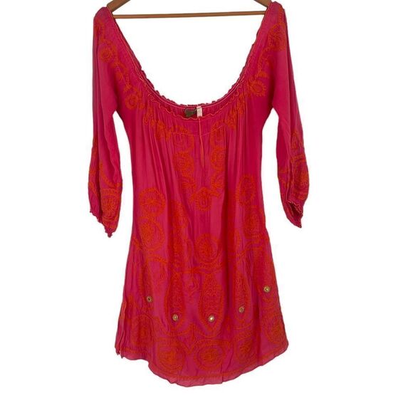 Poupette St. Barth Pink and Orange Embroidered Ofc the Shoulder Mini Dress Med - Picture 1 of 8